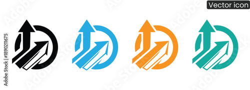 Set of modern vector icons featuring arrows in circular motion, available in black, blue, orange, and green.