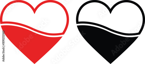 Two stylized hearts one red one black with white wave filling red heart black heart