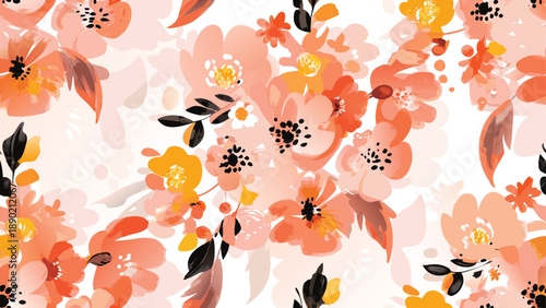 Floral pattern bursts with watercolor orange blossoms creating a vibrant artistic design against a soft white backdrop evoking warmth
