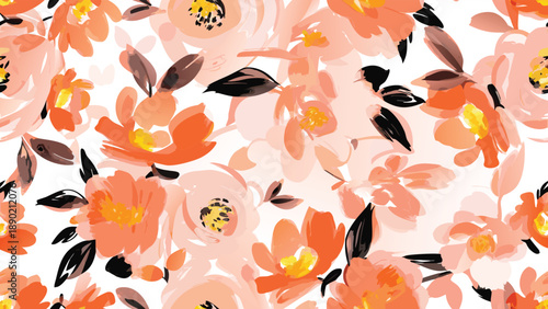 Floral abundance peach blooms and dark foliage create a timeless pattern for wallpaper invitations and fabrics with a watercolor effect