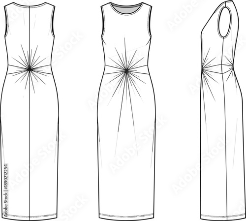 Fashion illustration, technical drawing, sleeveless dress, fitted silhouette, round neckline, dart detail, waist shaping, side view, back view, front view, garment design