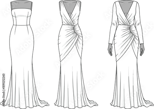 Fashion illustration, elegant dresses, technical sketch, floor-length gowns, strapless style, ruched waist, V-neckline, long sleeves, draped bodice, garment design, sewing reference