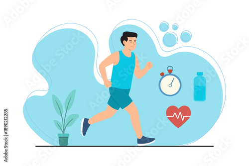 Flat vector illustration of a man running representing fitness training, healthy lifestyle, cardio exercise, heart health, and active daily routine.