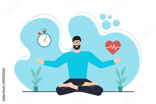 Flat illustration of a man meditating in lotus pose symbolizing mindfulness, inner peace, mental health, relaxation, and healthy balanced lifestyle.
