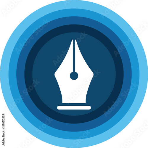 White fountain pen nib centered within concentric blue circles on white background writing