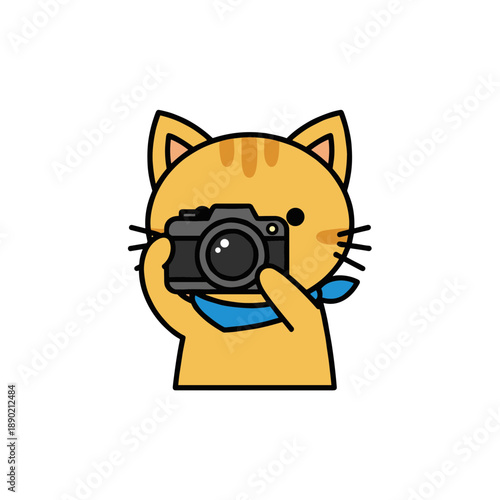 Cute Yellow Ginger Cat Character Holding a Professional Digital Camera, Kawaii Kitten Photographer Mascot for Photography Hobby and Art Concept