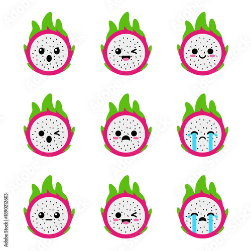 Set of cute dragon fruit character emojis with various facial expressions including happy sad crying and winking for healthy food branding