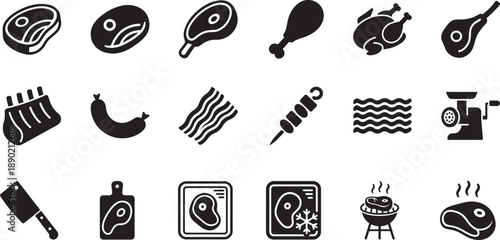 Meat icon set with beef, chicken, pork and steak symbols for food, butcher shop and menu design.