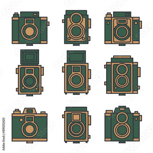Collection of vintage film camera icons in green and brown colors featuring various antique photography equipment models for retro lovers