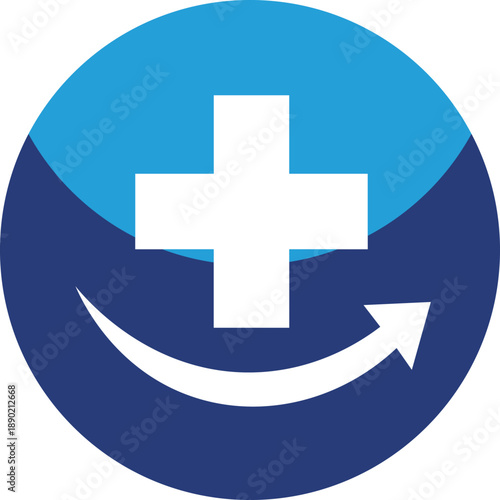 White plus symbol inside blue circle with upward arrow curve medical symbol healthcare health forward arrow