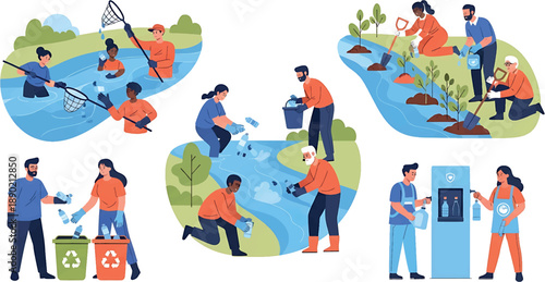Vector illustration of people engaging in various eco-friendly activities around water, such as recycling, conservation, and sustainable living, promoting a green lifestyle.