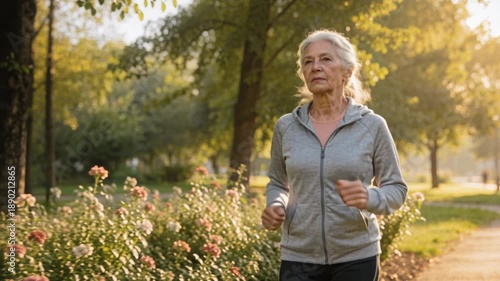 Active senior woman jogging park enjoying morning sunlight floral path promoting longevity lifestyle healthy routine sunrise