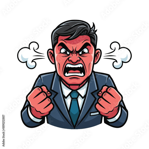 A furious businessman with clenched fists and an angry expression, embodying frustration and anger, in a cartoon illustration style