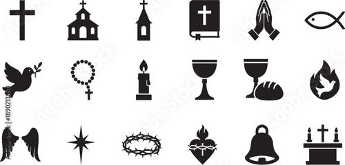 Christian line icon set with cross, bible, church and faith symbols for web, app and print use.
