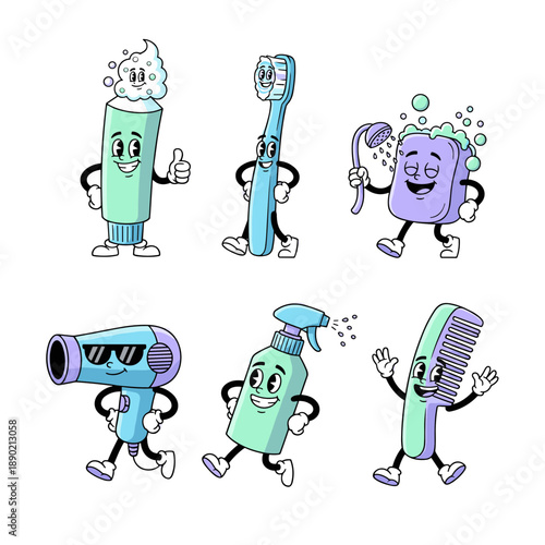 Collection of retro cartoon hygiene characters with faces including toothpaste toothbrush soap bar hair dryer spray bottle and comb walking set