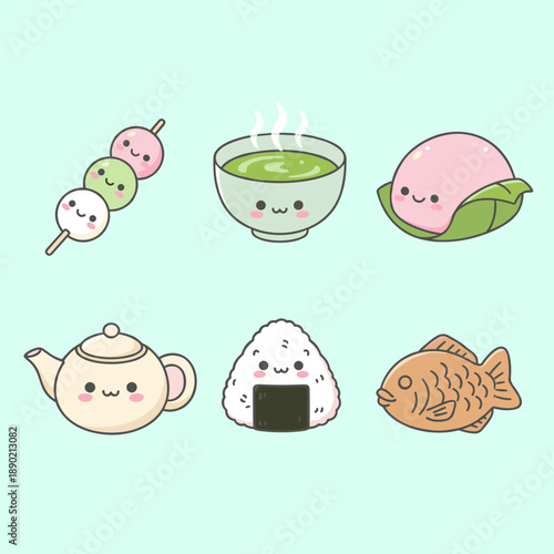 Assorted Japanese snacks and tea set with cute faces featuring dango green tea mochi teapot onigiri and taiyaki fish cake cartoon characters