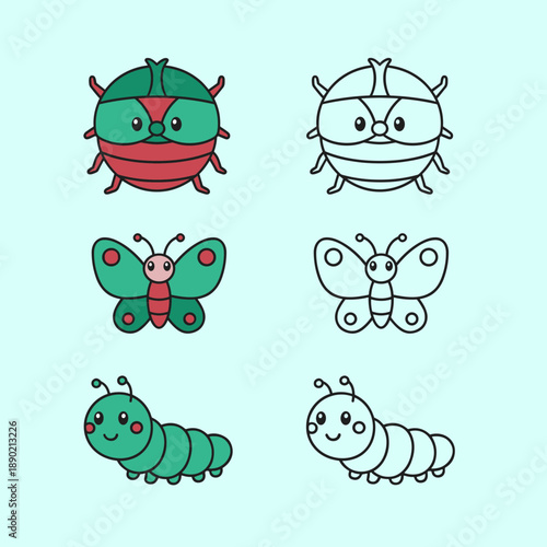 Educational Insects Icon Set Featuring Beetle Butterfly and Caterpillar in Both Colored and Line Art Outlines for Kids Learning