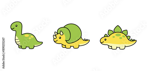 Set of Cute Cartoon Dinosaurs Including Brachiosaurus, Triceratops and Stegosaurus in Minimalist Kawaii Style for Kids Education and Design.