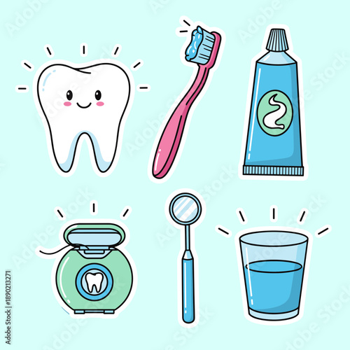 Dental Care and Oral Hygiene Icon Set Featuring Smiling Tooth, Toothbrush with Paste, Floss, Mouthwash, Mirror and Blue Background Graphics.