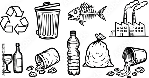 Hand drawn black and white recycling symbols and waste icons including trash bin, plastic bottle, factory, and fish skeleton illustration