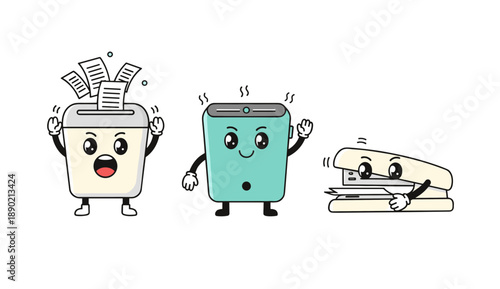 Set of Cute Office Appliance Characters Including Paper Shredder Laminator and Stapler with Funny Expressions and Moving Limbs for Workplace