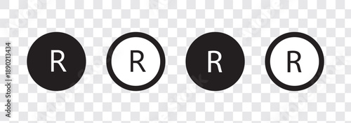 Registered trademark symbol r in circle. Intellectual property sign on transparent. Registered trademark icons set. Simple line vector illustration. Circled R symbol. Round icons with black color. 