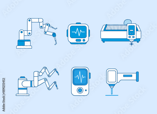 Modern Medical Technology Icons Set Featuring Robotic Surgical Arm Monitoring Screen and Laser Equipment in Blue Line Style for Healthcare