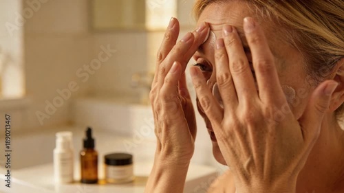 Mature woman applying face cream moisturizer and facial cream for longevity lifestyle skincare routine morning ritual gentle self