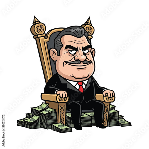 Illustration of a businessman sitting on a throne surrounded by stacks of money