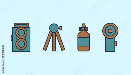 Collection of vintage photography equipment icons, retro twin lens camera tripod and flash set, flat vector graphic symbols on blue background.