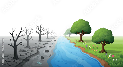 Vector illustration of a river with lush green trees and flowers on one side and a dry, cracked landscape with bare trees on the other, contrasting water and drought conditions.