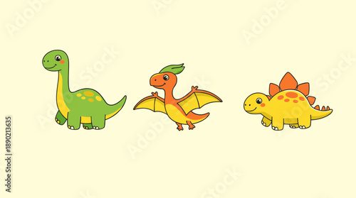 Collection of cute prehistoric dinosaur characters including brachiosaurus pterodactyl and stegosaurus for kids educational project vector art