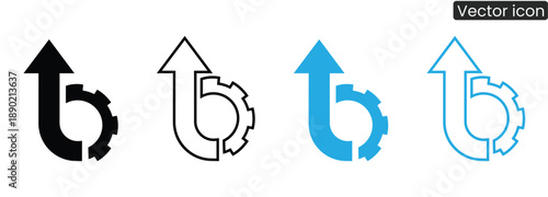 Vector icons illustrating gear turning up arrows in black and blue, symbolizing growth, progress, and efficiency