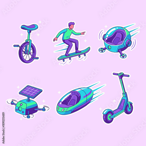 Futuristic personal transportation vehicles set with unicycle electric scooter and flying pods in modern flat outline style vector graphics