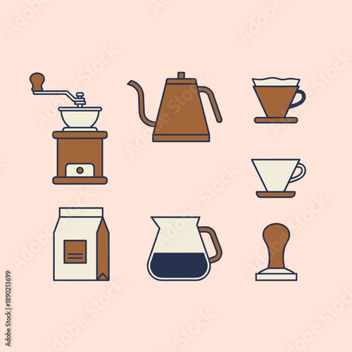 Professional coffee brewing equipment icons set including grinder kettle dripper server and tamper in minimalist flat line art style vector