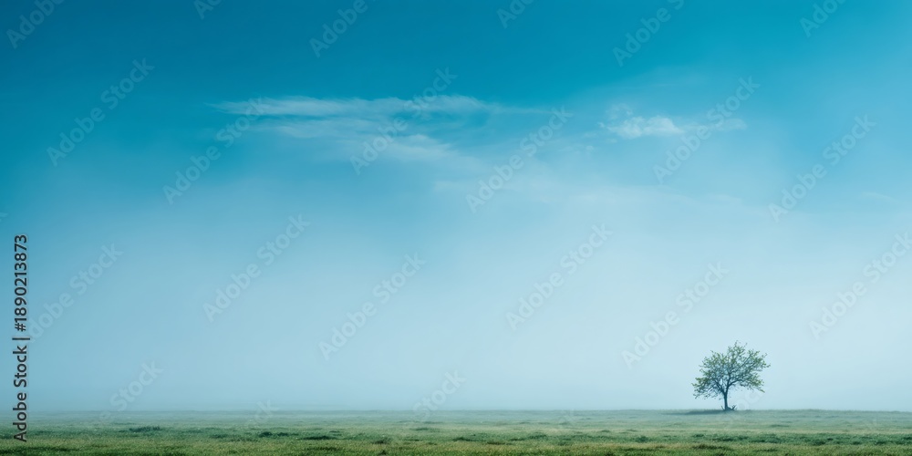 Obraz premium Lone tree standing in misty green field