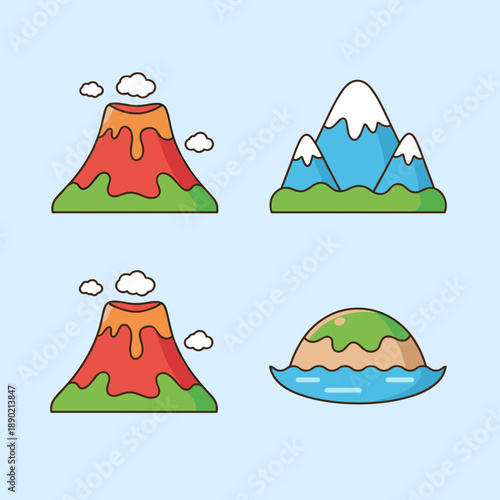 Set of flat vector icons featuring erupting volcanoes with lava, snow capped mountains, and a tropical island with palm trees on water