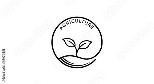 Agriculture logo with sprouting seedling and curved soil line in black line art on white background