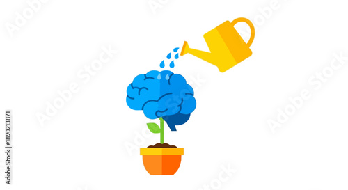 Illustration of a watering can pouring water onto a plant that has a brain as its flower, symbolizing growth and learning