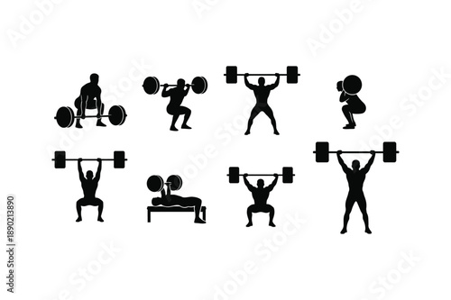 Silhouette of various weightlifters performing different exercises with silhouette