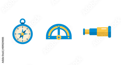 Nautical exploration and navigation tools collection featuring blue and yellow compass protractor and telescope icons for travel and adventure