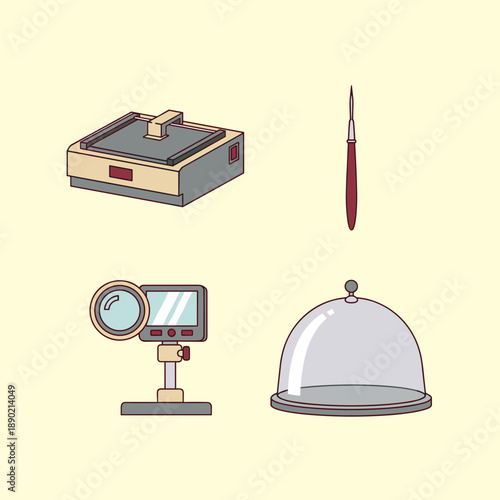 Professional scientific laboratory tools and medical research equipment icons including scanner and magnifying glass for healthcare and science