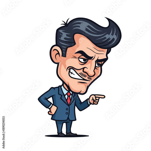 A cartoon businessman pointing confidently with a determined expression in a professional setting