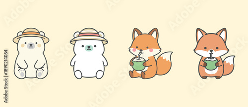 Adorable kawaii polar bear and fox characters drinking coconut water with straw and wearing summer hats for tropical vacation concept