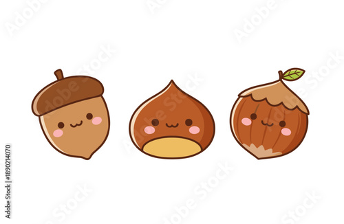 Three happy autumn forest nuts characters including acorn chestnut and hazelnut in cute kawaii style with pink cheeks for food design