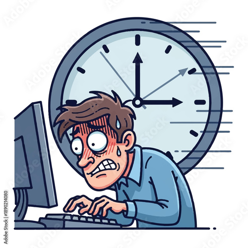 A stressed man working on a computer under time pressure, indicated by a large clock in the background