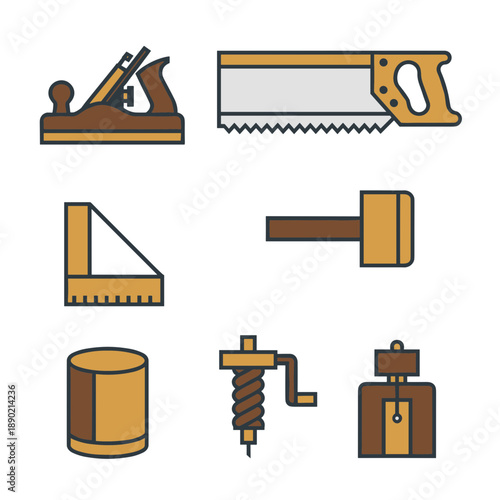Set of Traditional Woodworking Tools Including Plane Saw Square Mallet and Drill, Flat Vector Illustration of Carpentry and Workshop Equipment