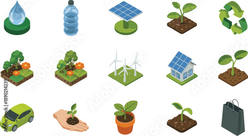Eco friendly sustainability icons set, renewable energy recycling plant growth water solar wind green environment vector illustration