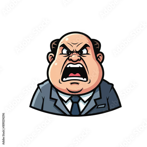 An angry cartoon man in a suit yelling from a close-up perspective