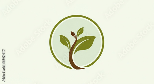 Minimalist sprouting plant logo with green leaves in circular frame on beige background